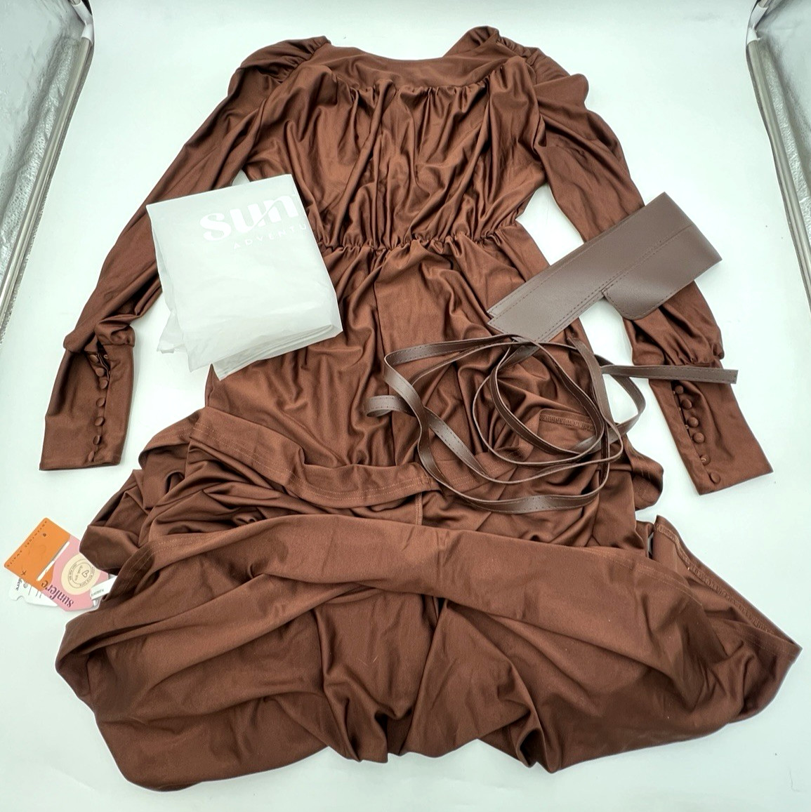 SUNFERE RENATA PLUNGE LONG SLEEVE MAXI DRESS BROWN BUTTON CUFF WOMENS SIZE L NWT