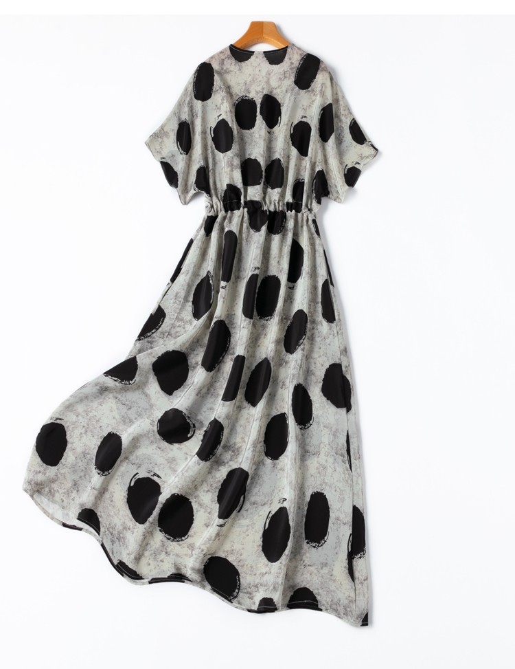 100% Mulbery Silk Gray Polka Dots Short Sleeve Women A-Line Midi Dress M1345