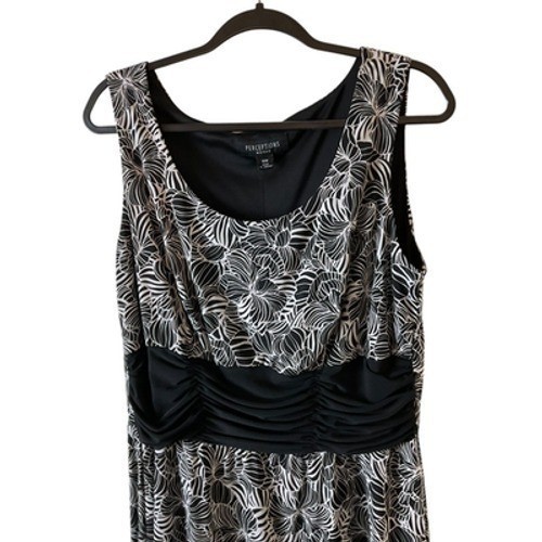 Perceptions Black White Floral Leaf Sleeveless Midi Dress Ruched Waist Sz 16W 1X
