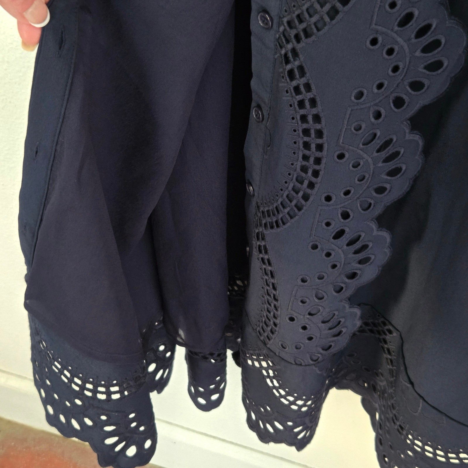 Elie Tahari Navy Blue Eyelet Embroidered Midi Shirt Dress Tie Waist NWT