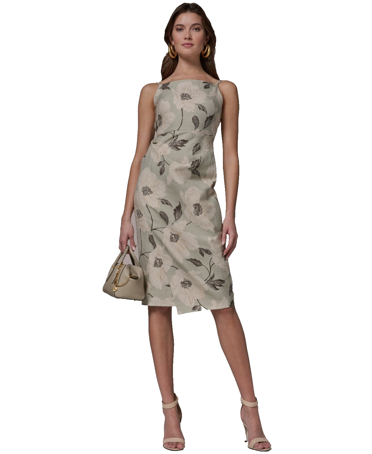 Donna Karan Sheath Dress Knee-Length Floral Square Neck Size 8 Sage