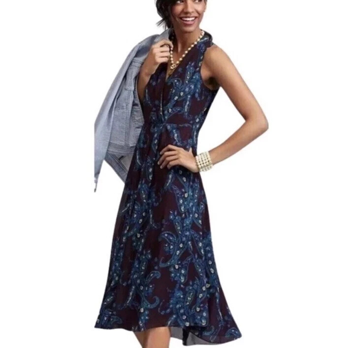 Cabi Treasure Dress Midi Length Chiffon Purple Blue Paisley V Neck Sleeveless 4