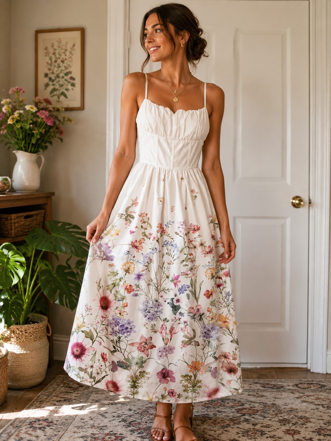 Botanical Garden Midi Dress | White Floral Sundress | Size 6 / Medium