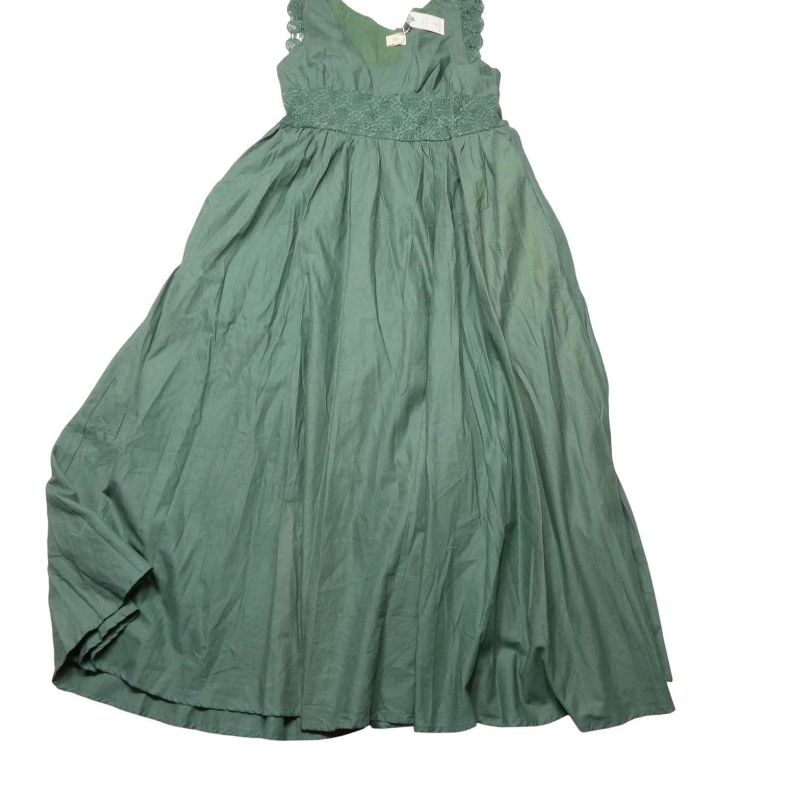 Linen Vibes Dress Womens Large Green Cotton Linen Lace Maxi Lined Sundress