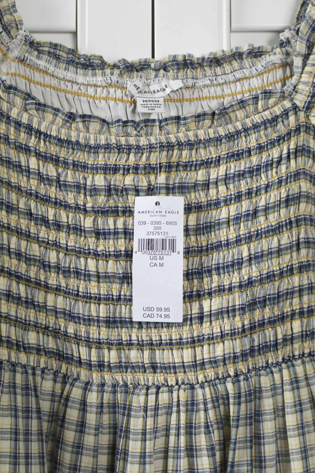 AMERICAN EAGLE NWT $59 Smocked Ruffle Square Neck Plaid Mini Dress Size Medium