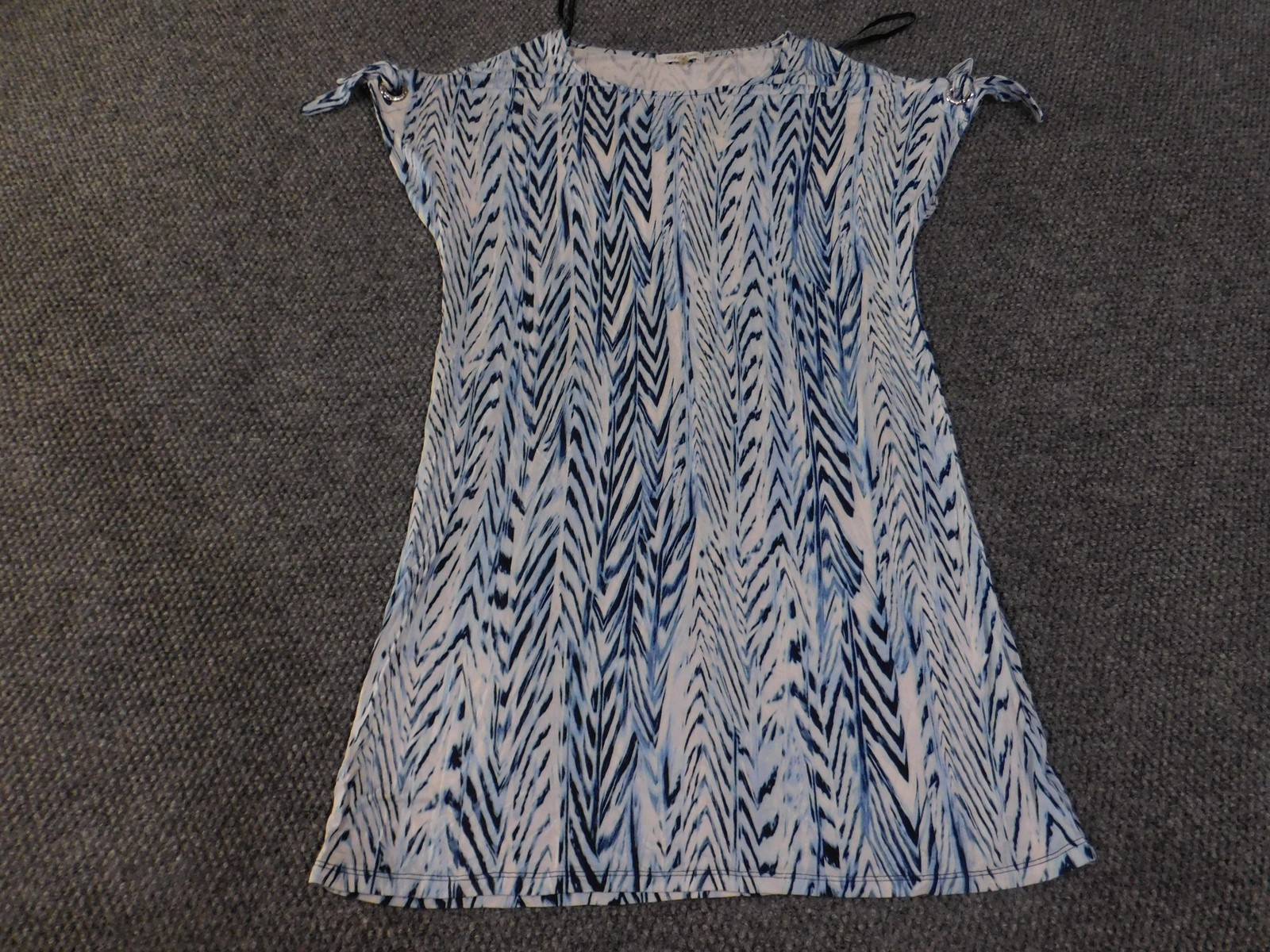 Calvin Klein Dress Womens Small Blue White Ikat Print Stretch Shift Tie Shoulder