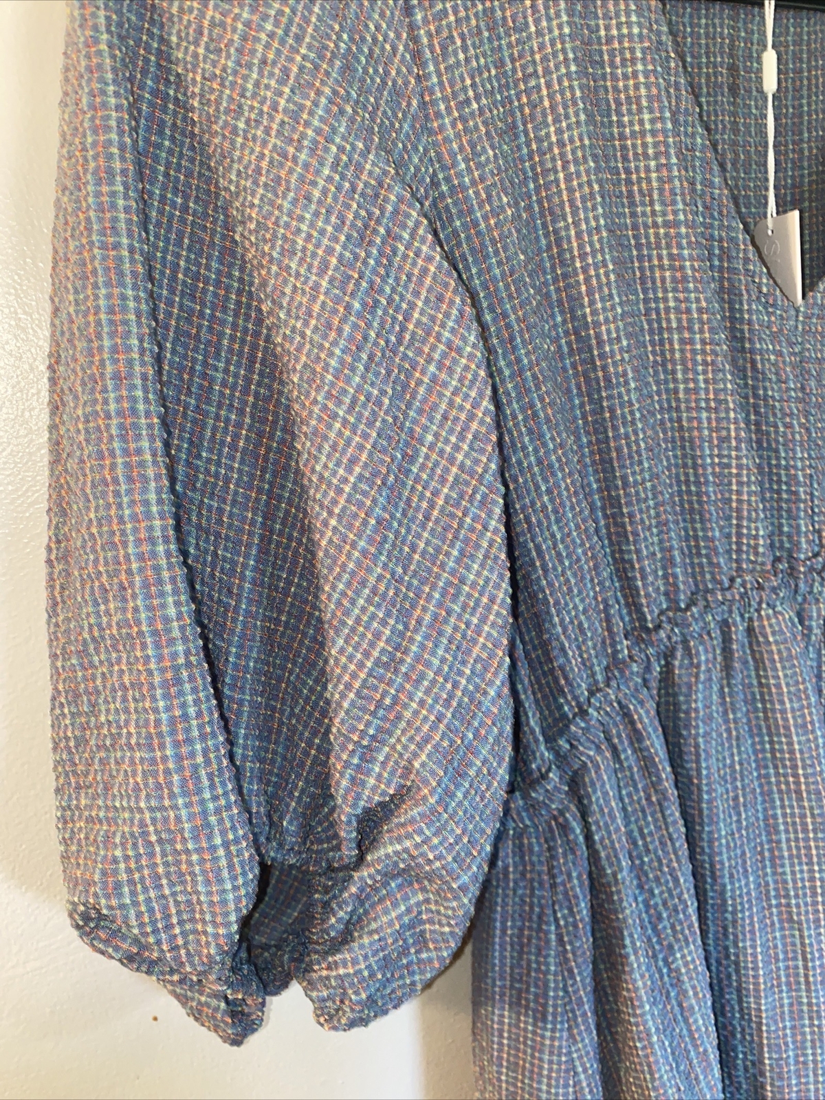 Superfoxx Dress Blue Multicolor Texture Fabric Deep VNeck Hi Low Ruffle Hem