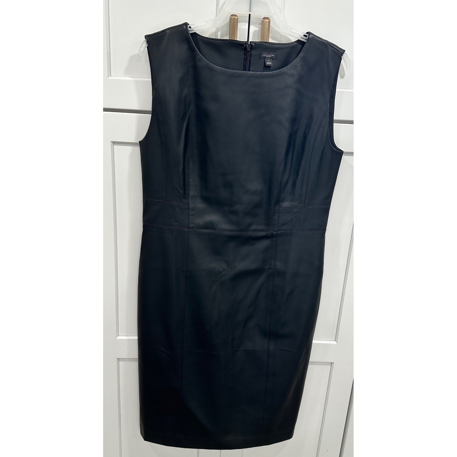 Ann Taylor Factory Black Faux Leather Sheath Dress Size 14 Sleeveless Business