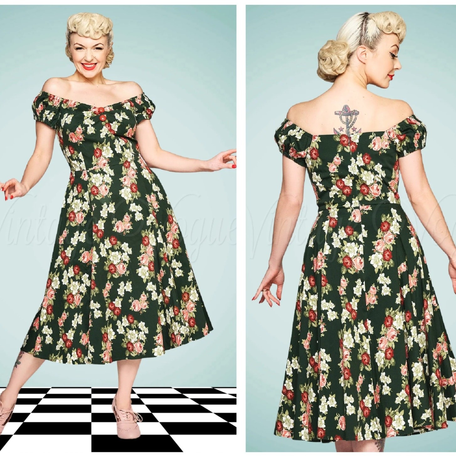 COLLECTIF Dolores Pink Bloom Midi Doll Dress Sz 3XL UK 20 {HH43}