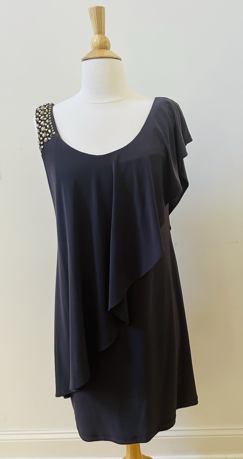 Betsy & Adam Charcoal Gray Asymmetrical Slip Dress with Beaded Shoulder Size 8