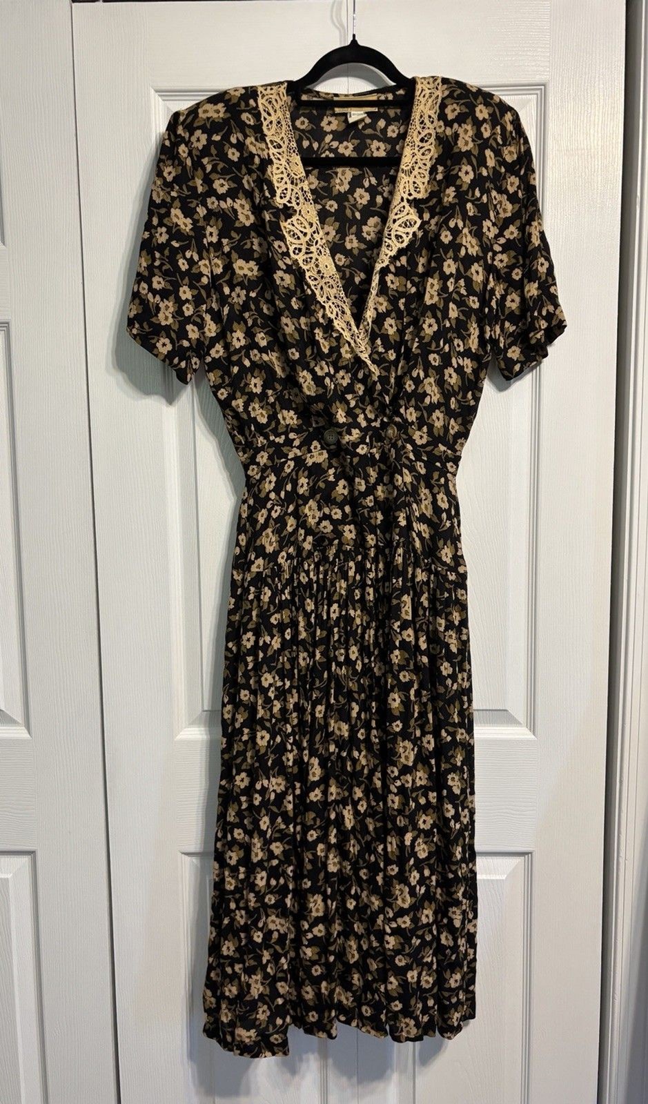 VTG 80s Jane Singer Dress Large Brown Floral Spring Cottage Core Earthy Lace