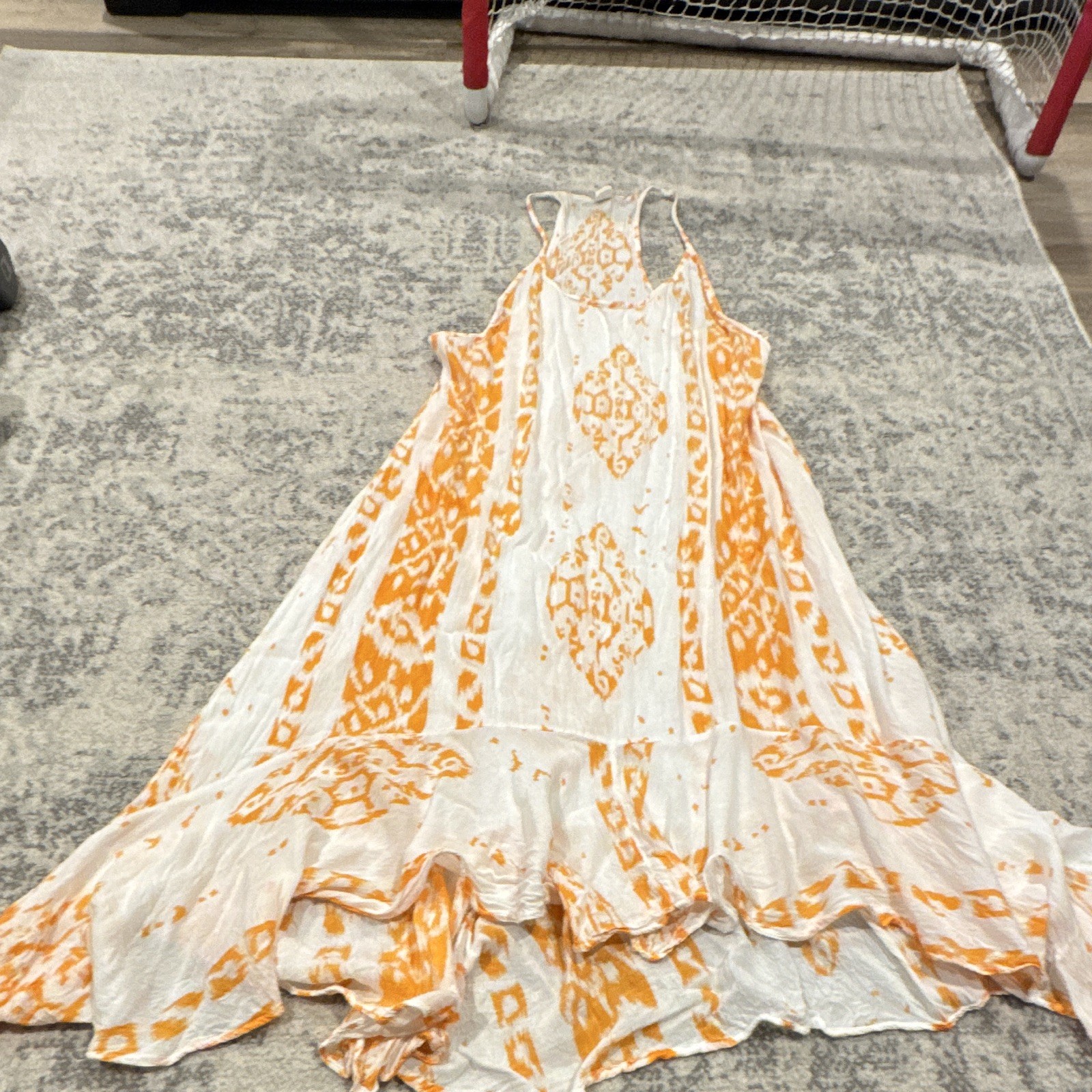 Lagaci White Orange Geometric Spaghetti Strap Ruffle Maxi Dress Rayon M