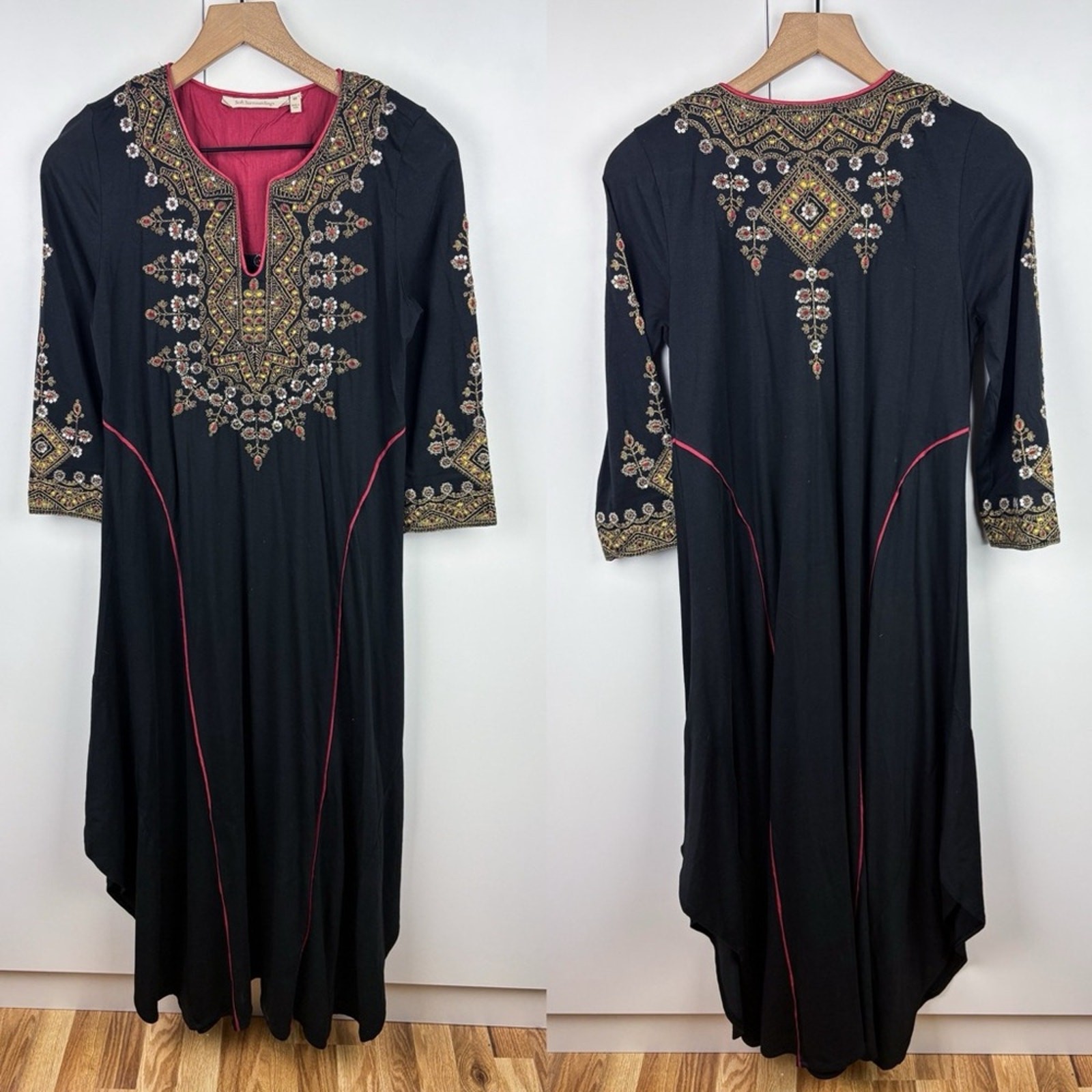 Soft Surroundings Beaded Embroidered Caftan Kaftan Maxi Dress Black Gold Red XS