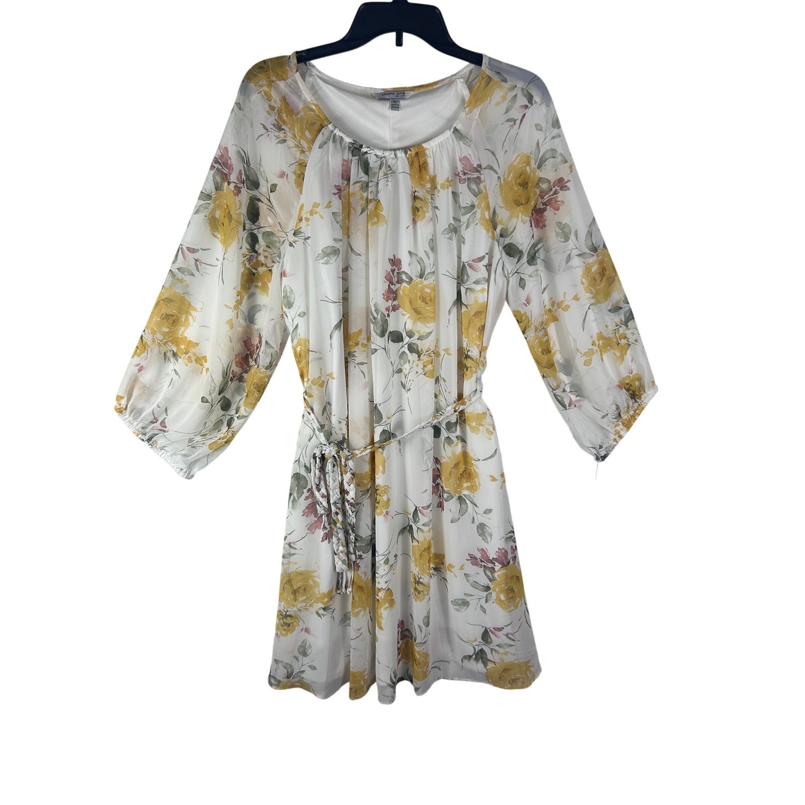 Studio One New York Floral Chiffon Dress XL White Yellow 3/4 Sleeve 77114JP NWT