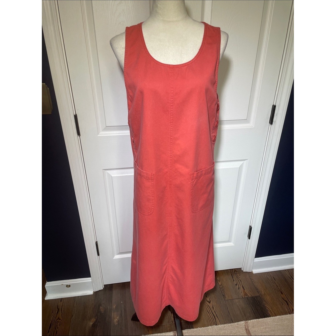 Eddie Bauer Sleeveless Coral Button-Side Pocket Pinafore Dress Size Medium P
