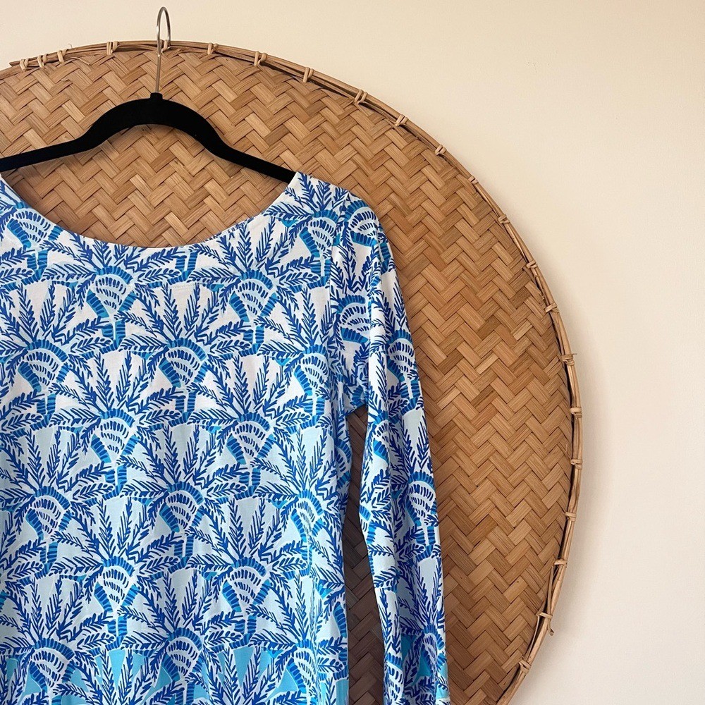 WOMEN’S LILY PULITZER TROPICAL PALM TREE VACATION BAY DRESS IN WHISPER BLUE