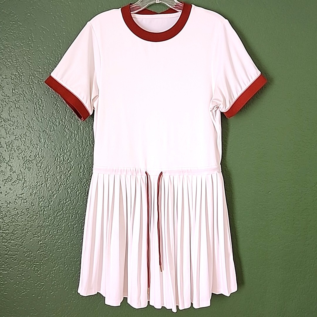 Varley Trent Court Dress Women M? White Burnt Henna Crew Neck Pleated Drawstring