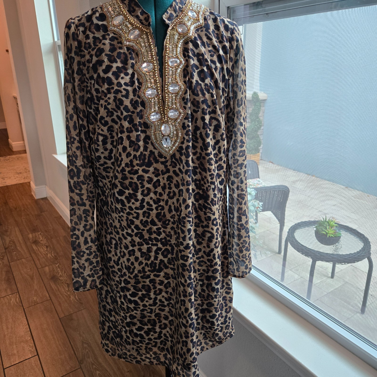 Boston Proper sheath dress large sequins at collar animal print size medium