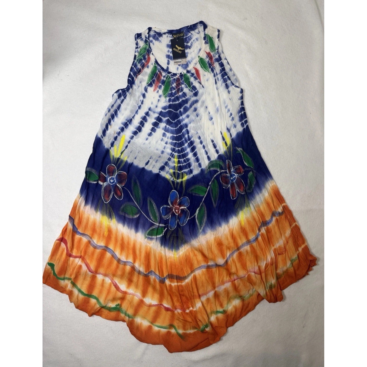 Seerat Womens Tie Dye Floral Embroidered Sleeveless Tunic Dress Orange Blue NEW