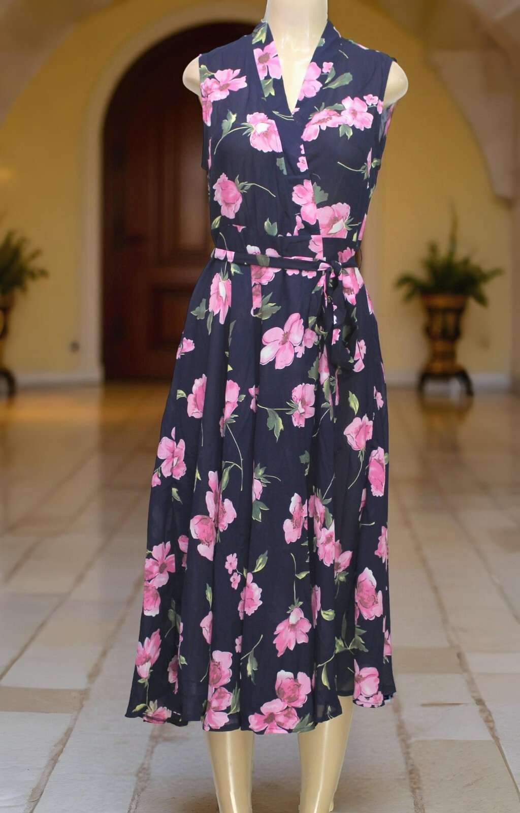 Papillon Women’s Belted Wrap Dress Sleeveless Floral Navy Sheer Size L