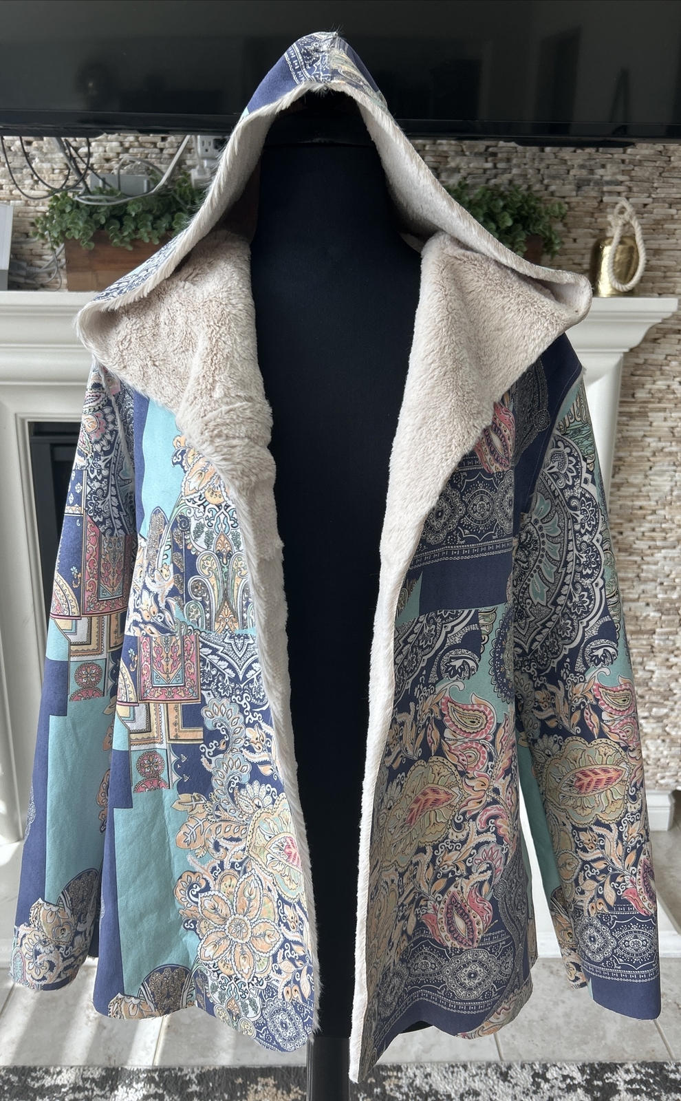 New Paparazzi Johnny Style Colorful Patchwork Hooded Snapfront Shearling Coat S