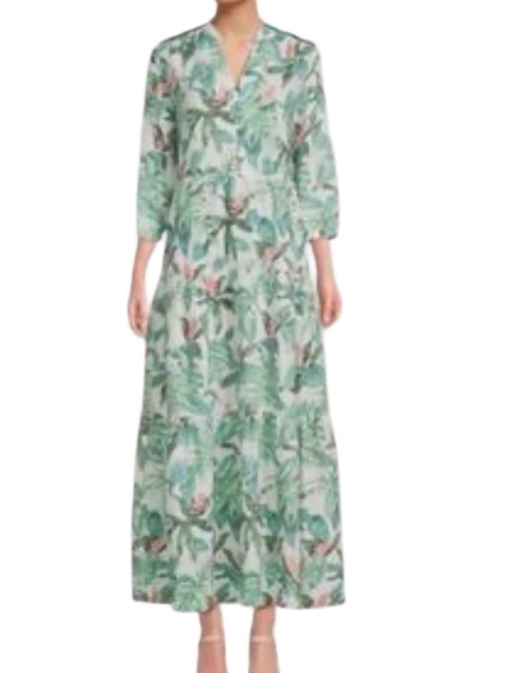 Large New J. McLaughlin Cunningham Green Tropical VNeck Maxi Dress Ruffle Hem