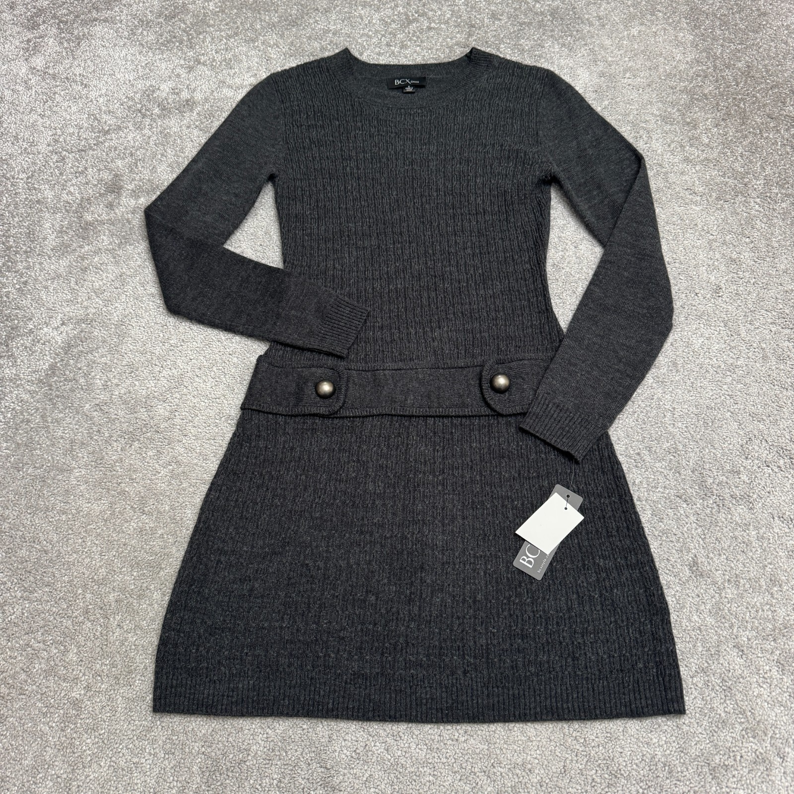 BCX Downtime A-Line Sweater Dress Womens Small smoke Gray Crew Neck Acrylic NWT