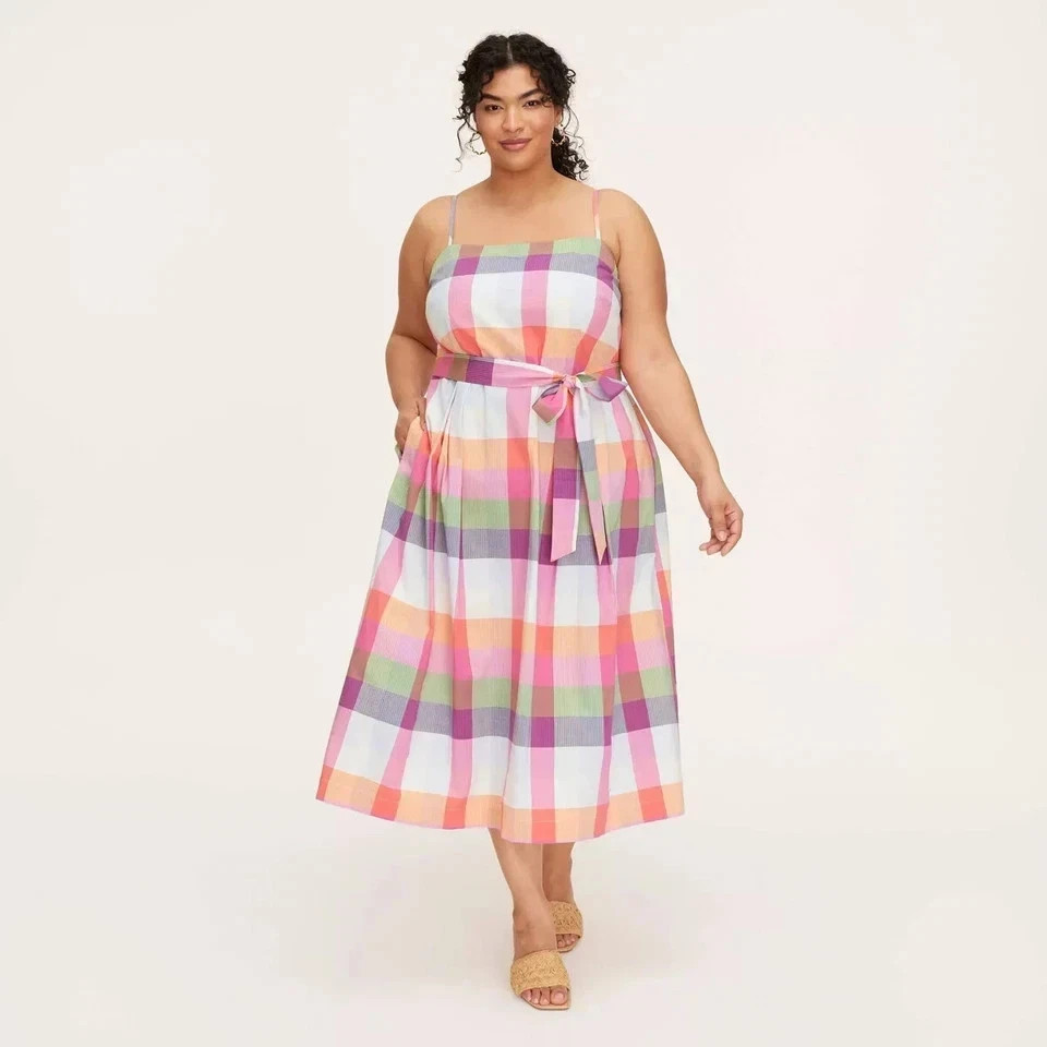 Kate Spade NY Women’s Plaid Tie Waist Midi Dress Red Pink Green Blue Strappy M