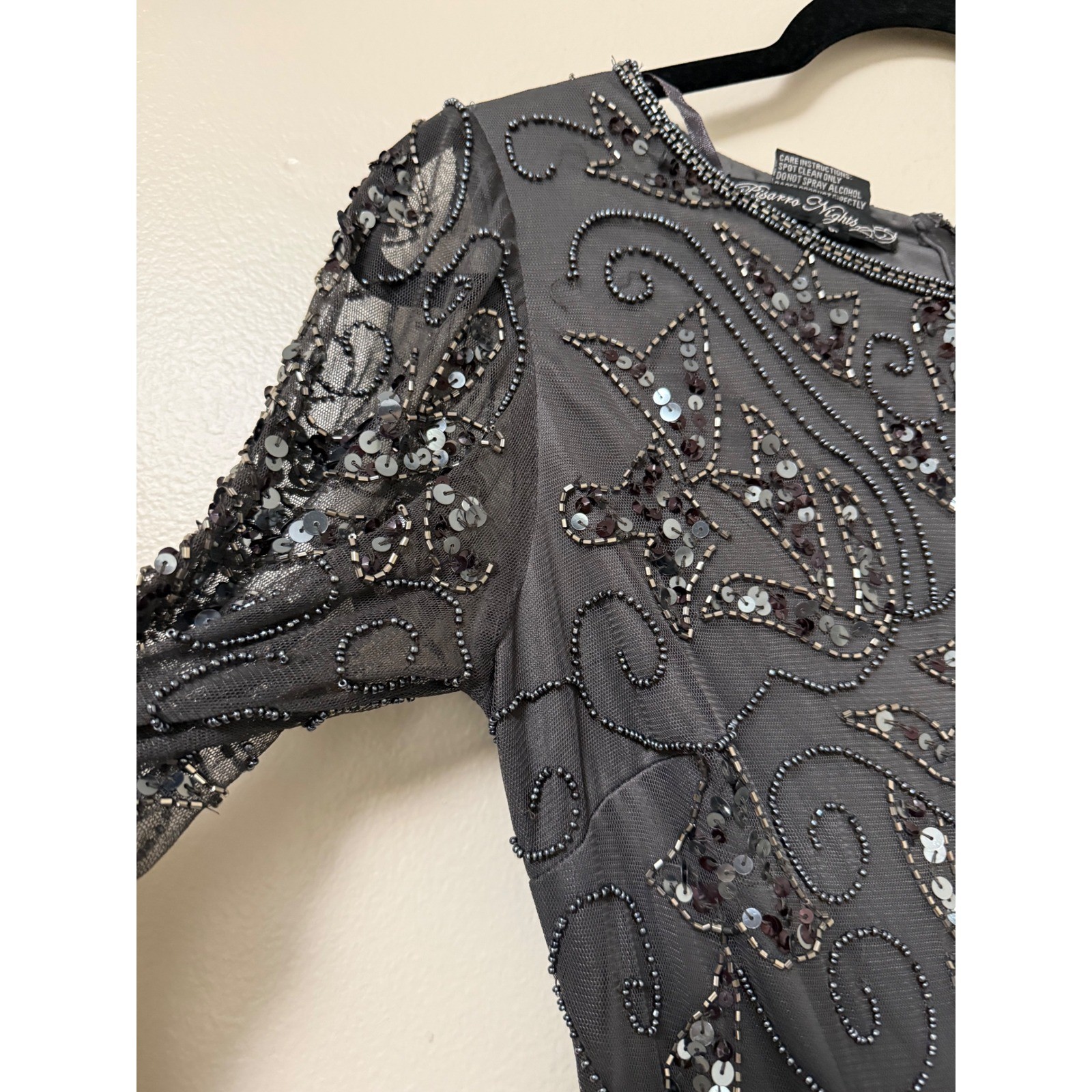 Pisarro Nights Gray Beaded Sequin Gown 3/4 Sleeve Formal Maxi Dress