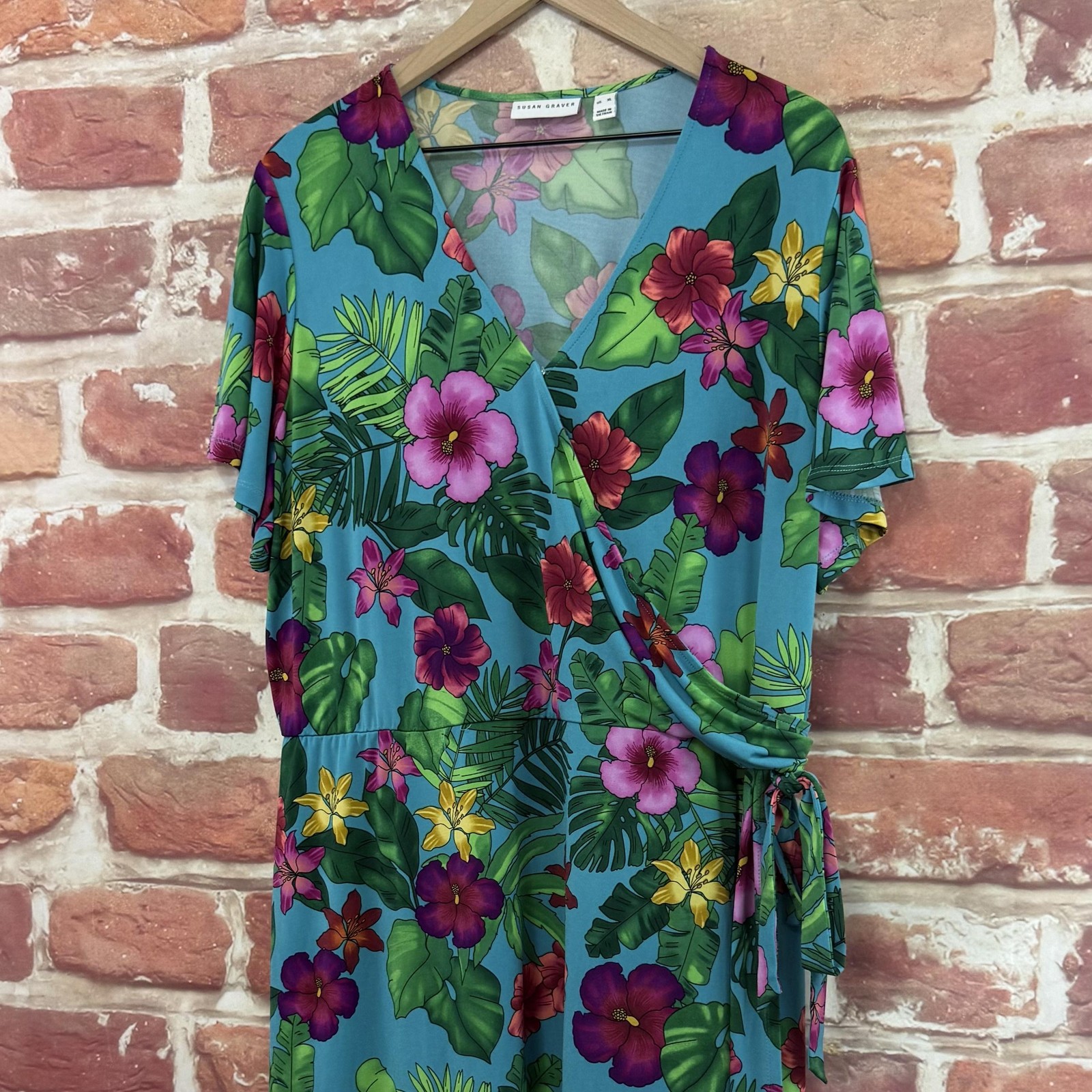 Susan Graver Dress Womens XL Blue Multicolor Tropical Floral Surplice Wrap Midi