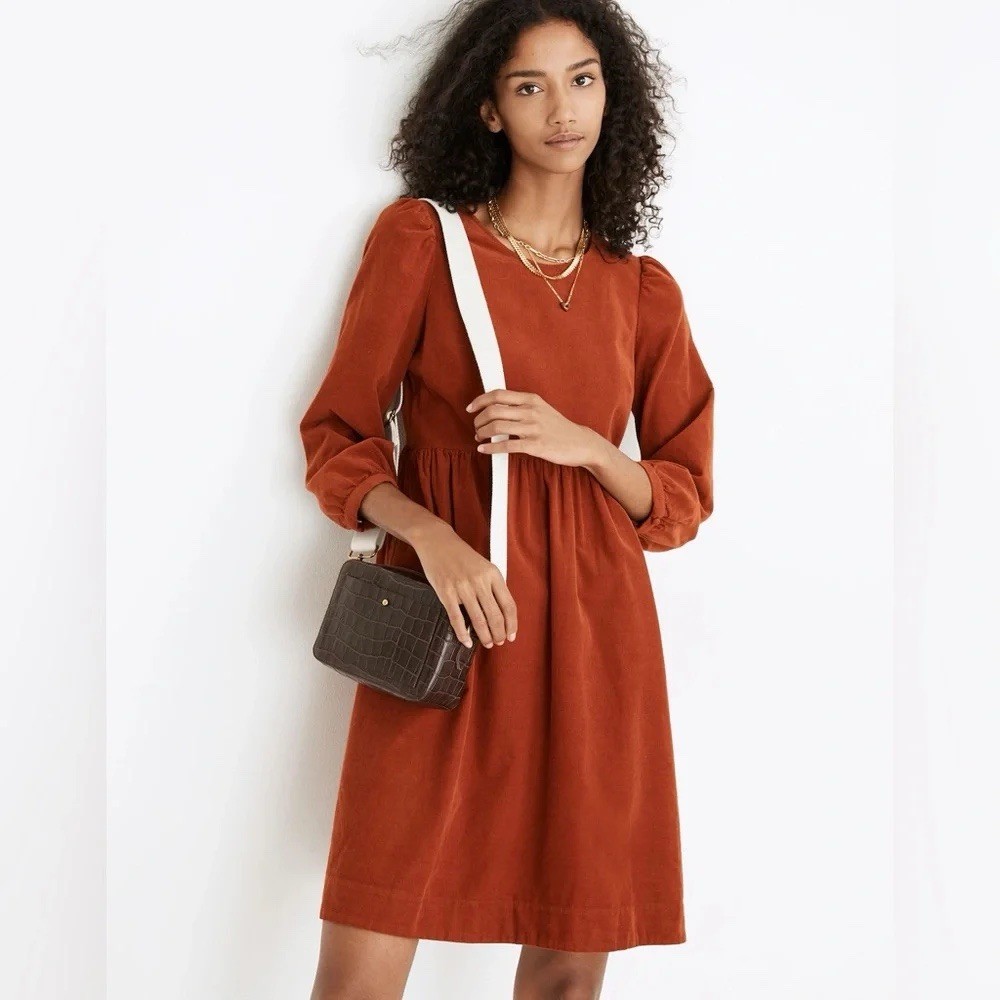 Madewell Women’s Large Rust Corduroy Pullover Mini Dress Puff Sleeve Pockets