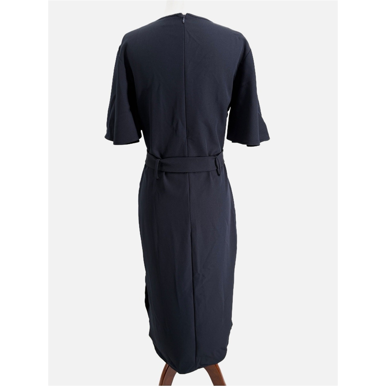 Iris & Ink Navy Flutter Sleeve Tie Waist Midi Dress Size 10 Made in Italy