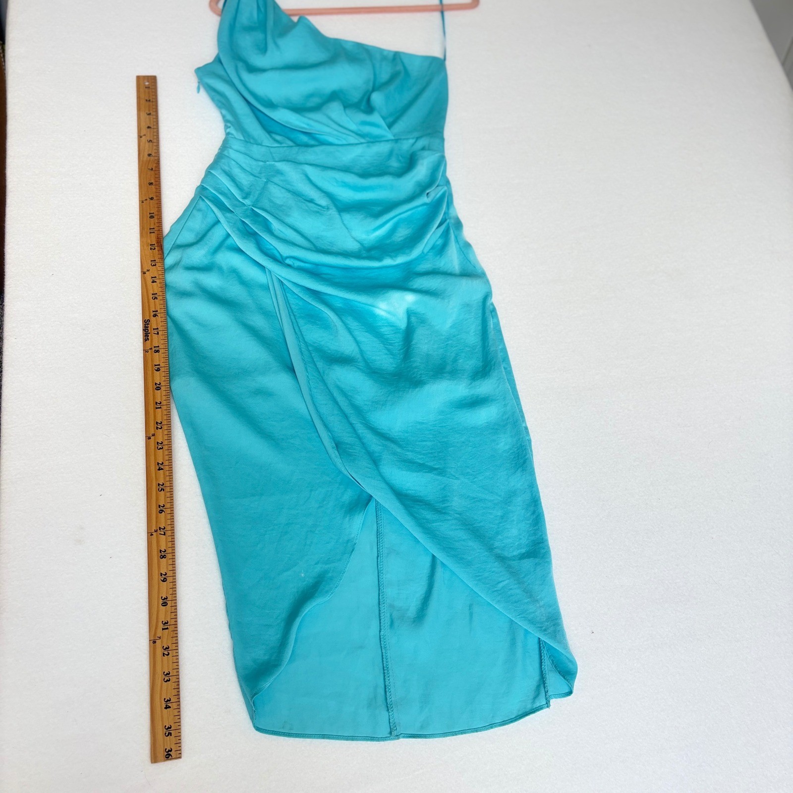 DO+BE Turquoise Blue One Shoulder Draped Ruched Tulip Midi Dress Sz Small NWT