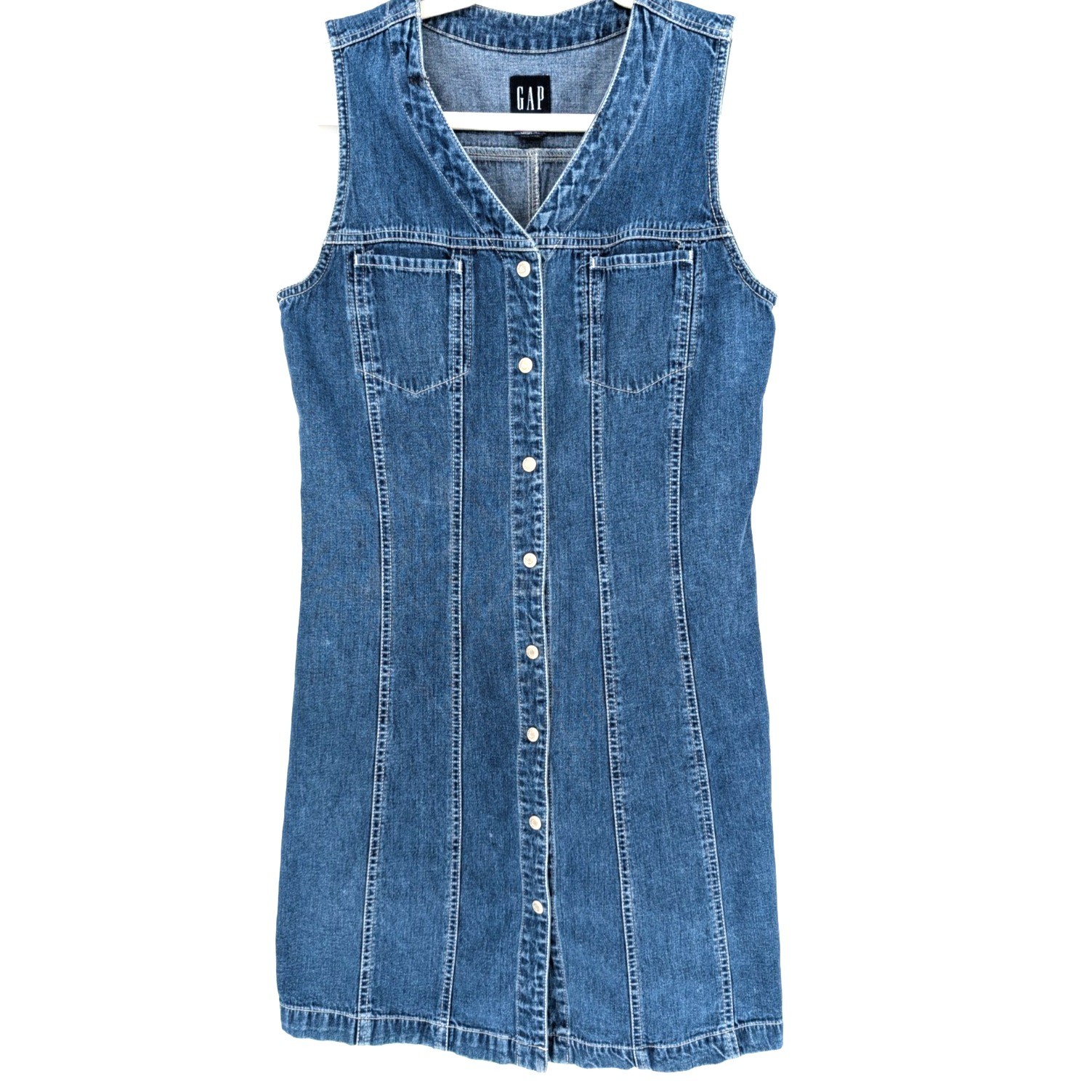 VTG 90s Y2K Gap Denim Snap Sleeveless Cotton Mini Dress Indie Prep Mod Twee 6