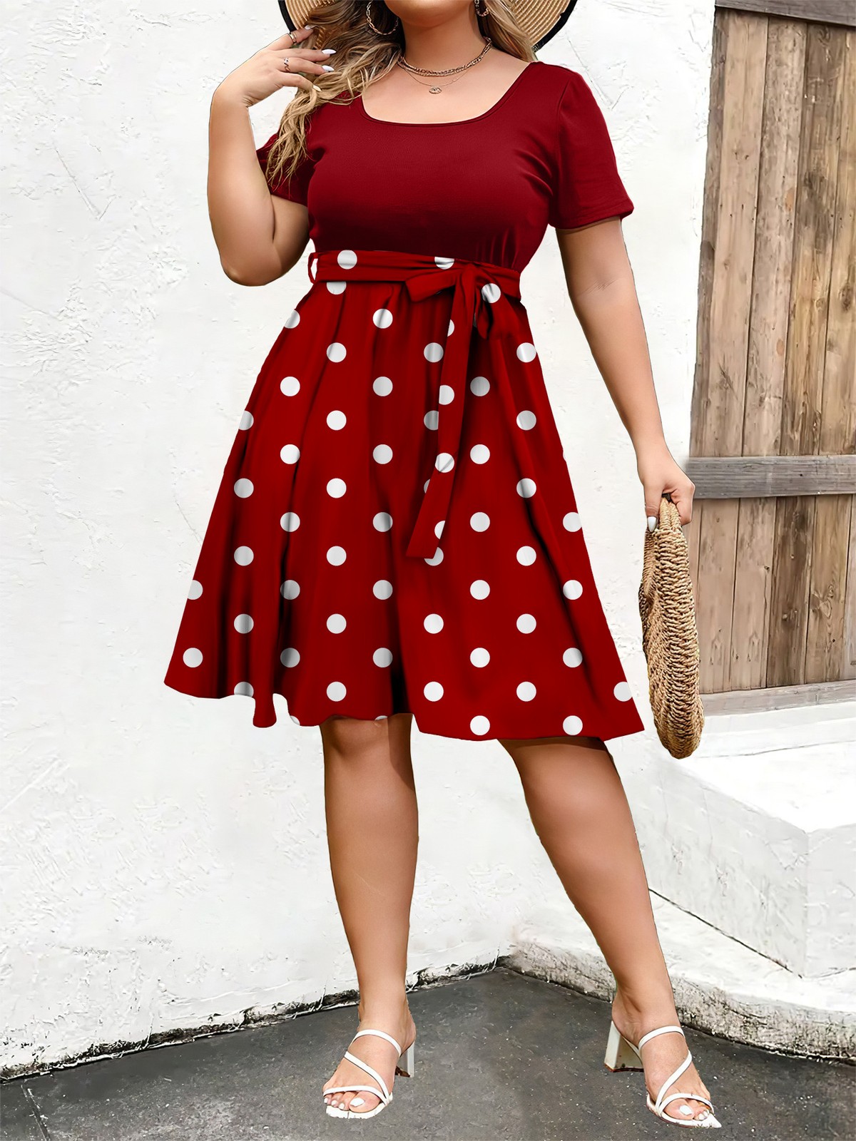 Women Plus Size Elegant Polka Dot Dress Short Sleeve Casual Dress 0XL-4XL