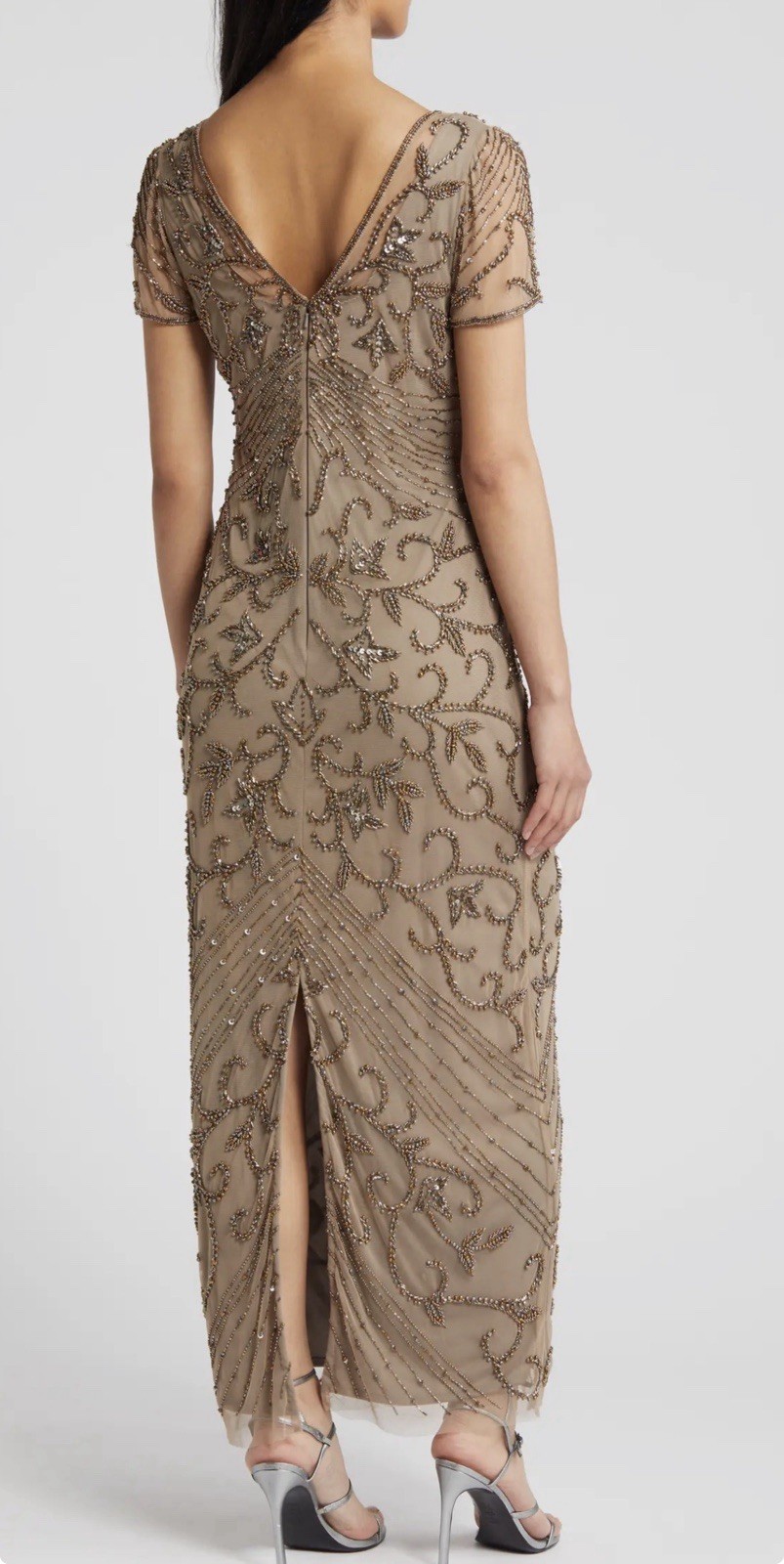 $268 Pisarro Nights Beaded Mesh Column Gown Sequin Column Gown 8 Nude Brown