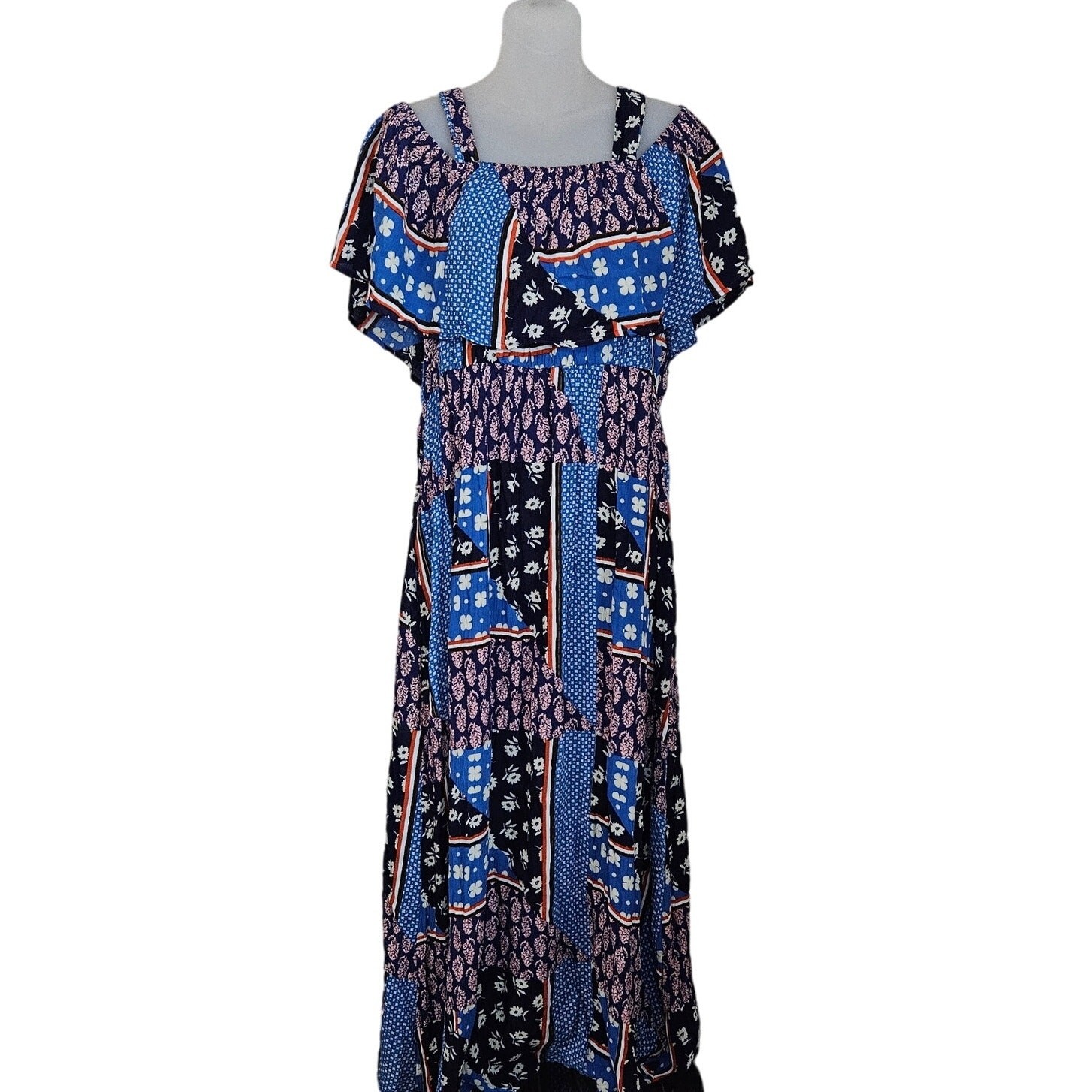 Evans Patchwork Maxi Dress 14 Sundress Floral Ruffle Patriotic Cottagecore XL