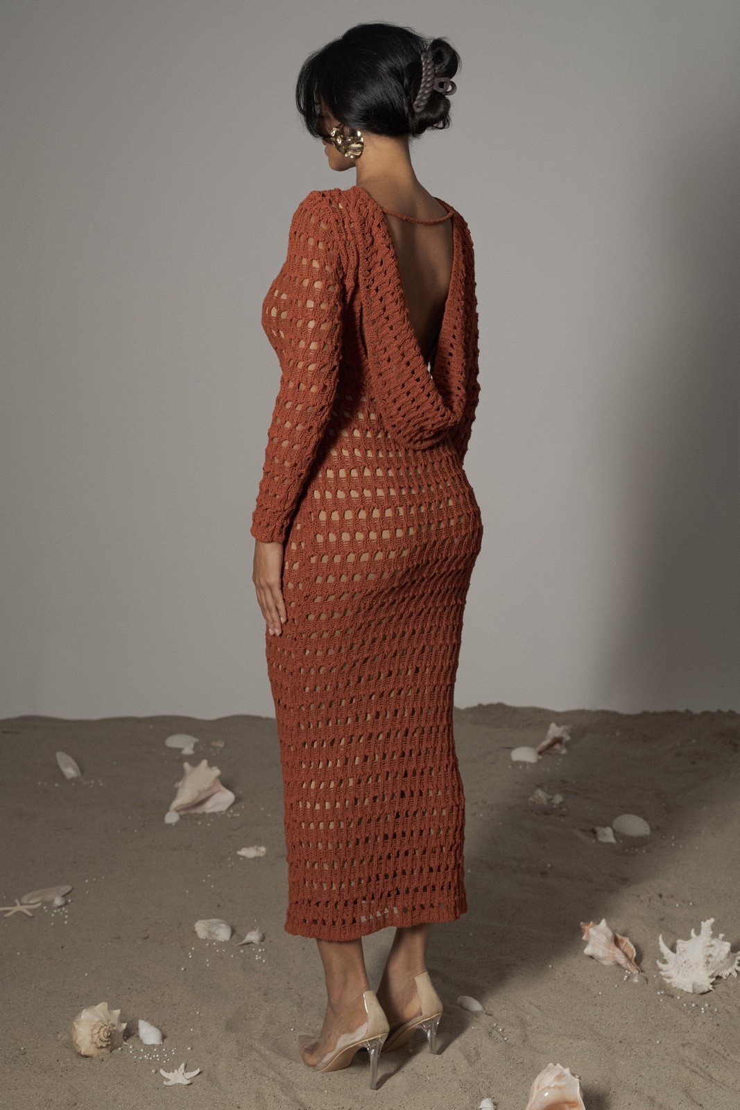 JULIANA Brown Crochet Open Knit Backless Boat Neck Long Sleeve Midi Dress S