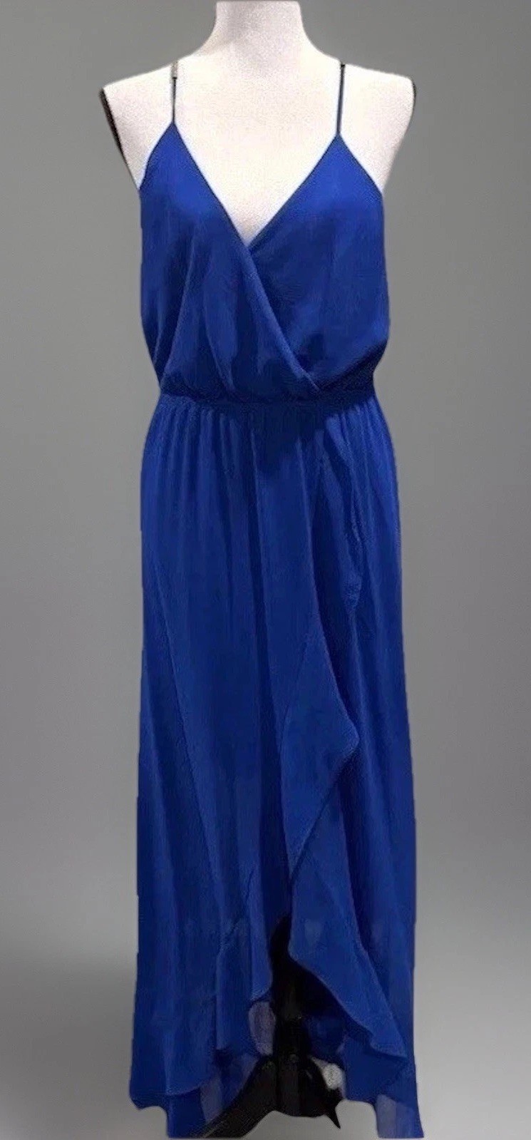 Bebe Women’s Vintage Blue Chiffon Sheer V-neck Draped Hi-Lo Beaded Maxi Dress M