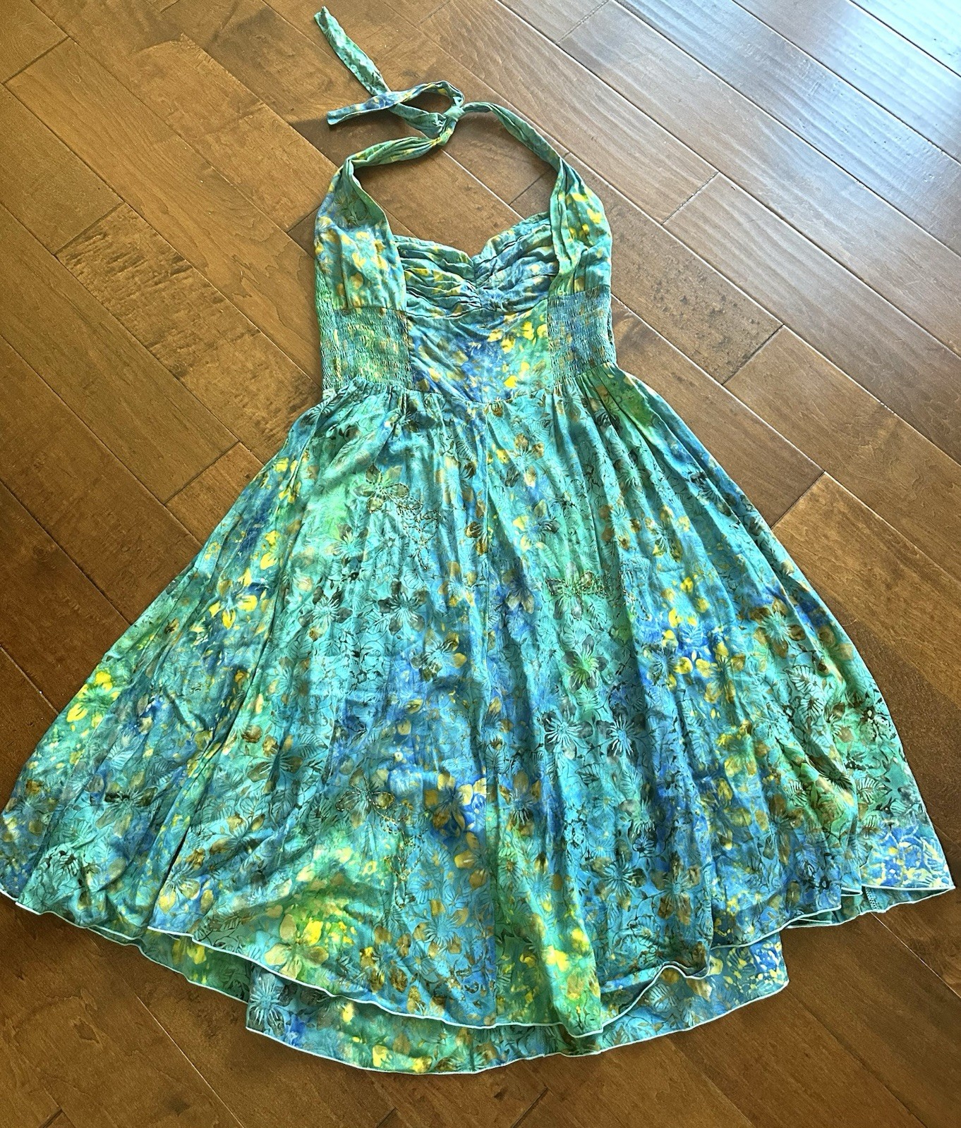 Pineapples Hawaii XL Beaded Floral Halter Dress Blue Rayon Resort Tropical