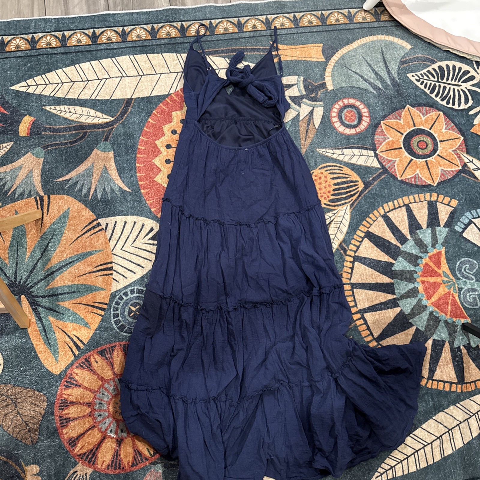 Alter’d State Women’s Navy Open Back Low V Neck Cut Boho Maxi Dress Size XS