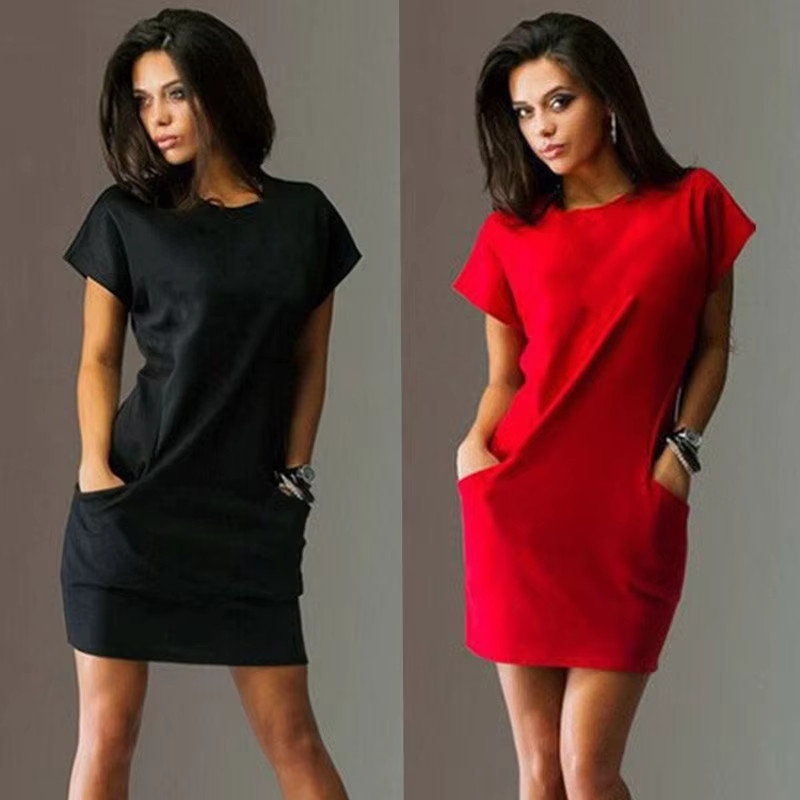 Women’s A-Line Mini Dress – Solid Color Short Sleeve O-Neck with Pockets