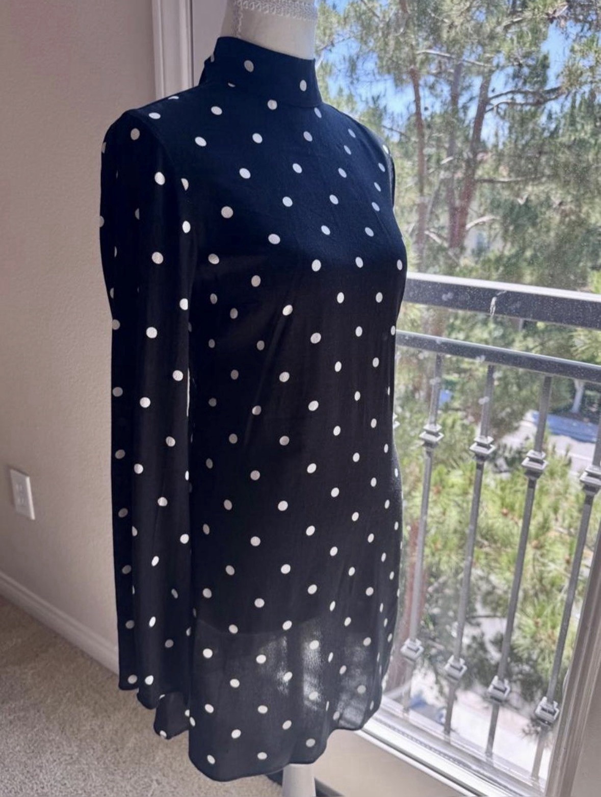 H&M Navy/White Polka Dot High Neck Open Back Tie Fit & Flare Dress XS