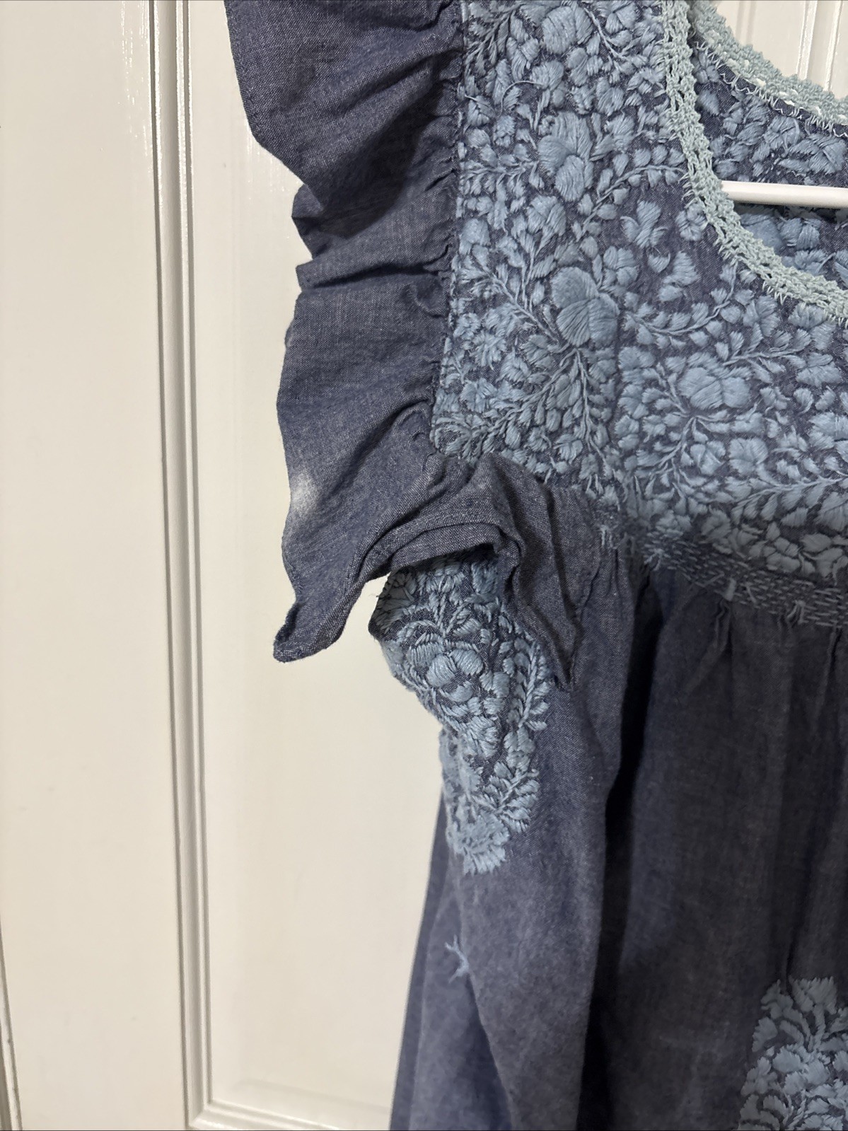 Mi Golondrina Blue Embroidered Chambray Mini Dress Medium SEE Pics