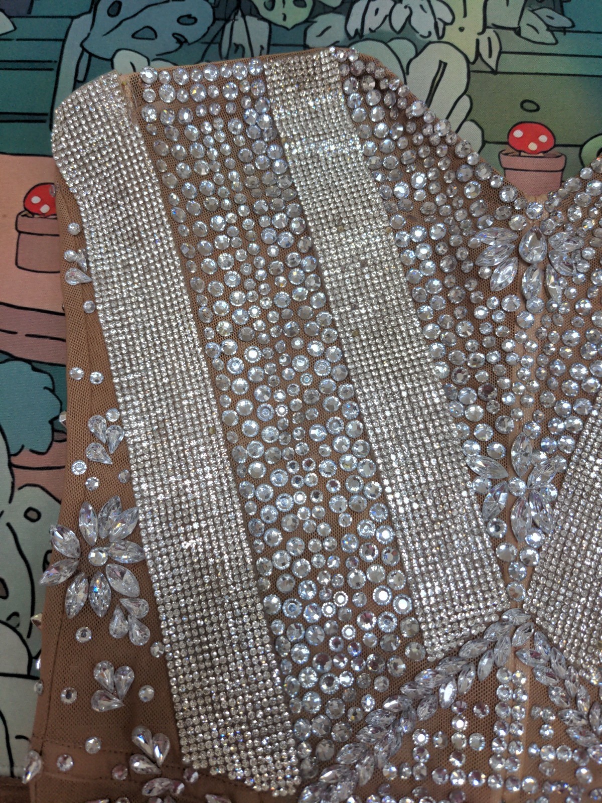 Pre-owned Mew Mews Strapless Embellished Rhinestone Fringe Mesh Mini Dress Sz M