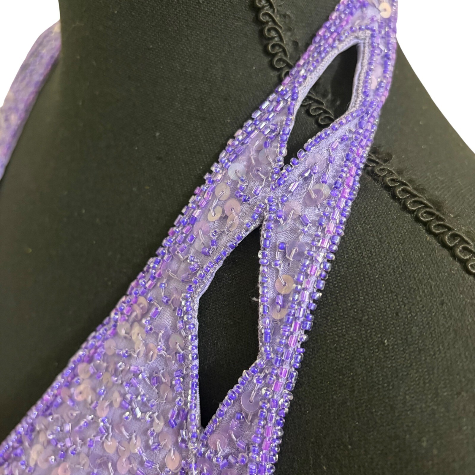 Vintage Scala Silk Beaded Sequin Halter Gown Purple Formal Evening Prom Dress
