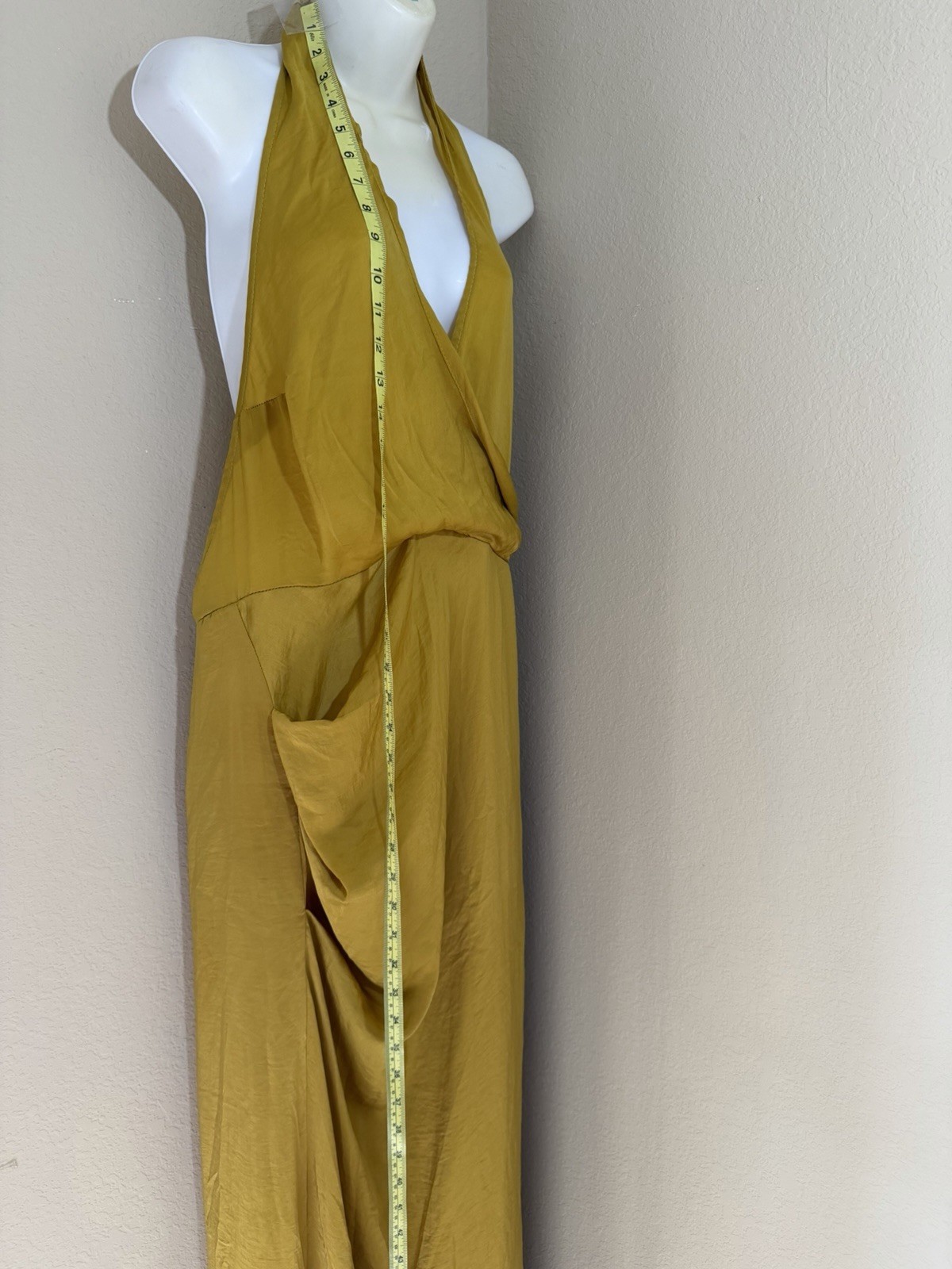 PrettyLittleThing Mustard Yellow Satin Halterneck Backless Maxi Dress Size 12