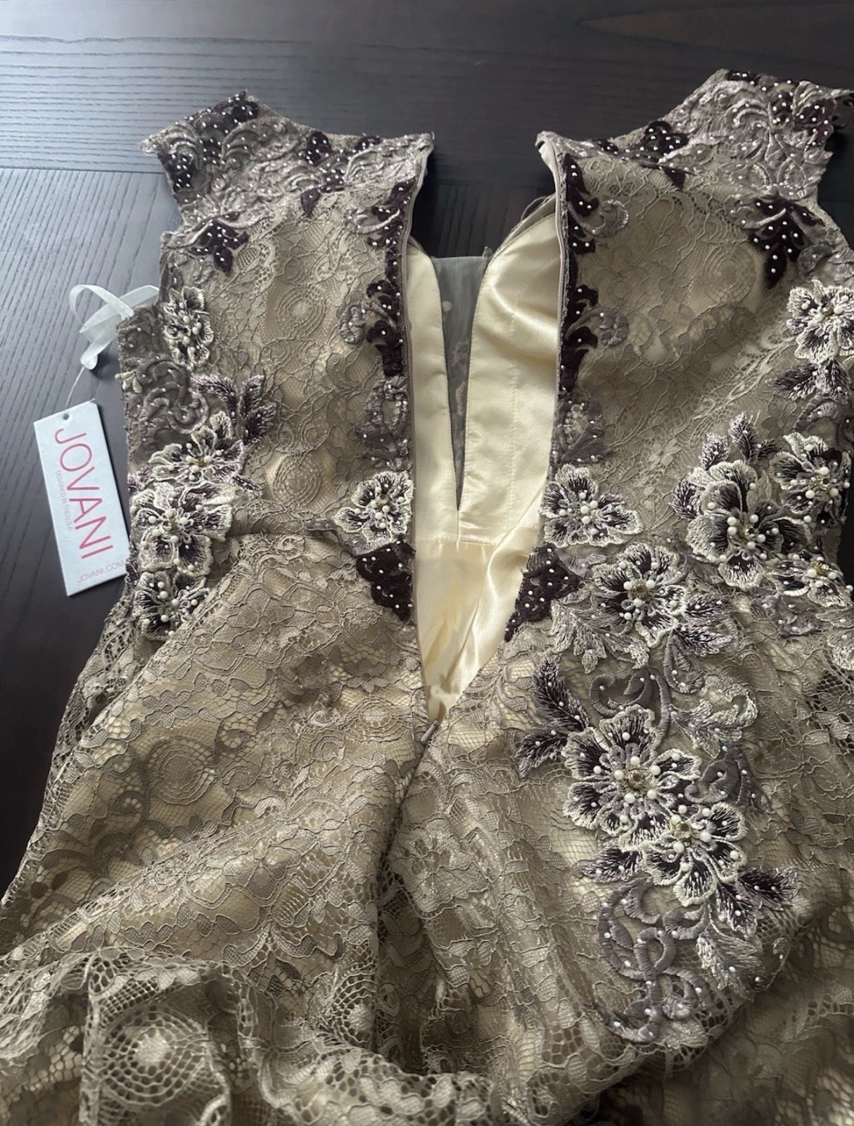 Jovani – Embellished Lace A – Line Evening Gown Taupe Size 14