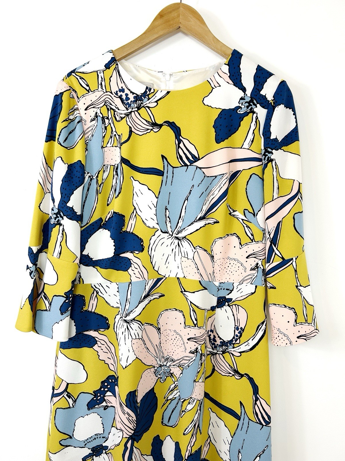 Hobbs Blue Yellow Floral Print 3/4 Sleeve Summer Wedding Pencil Dress UK 14