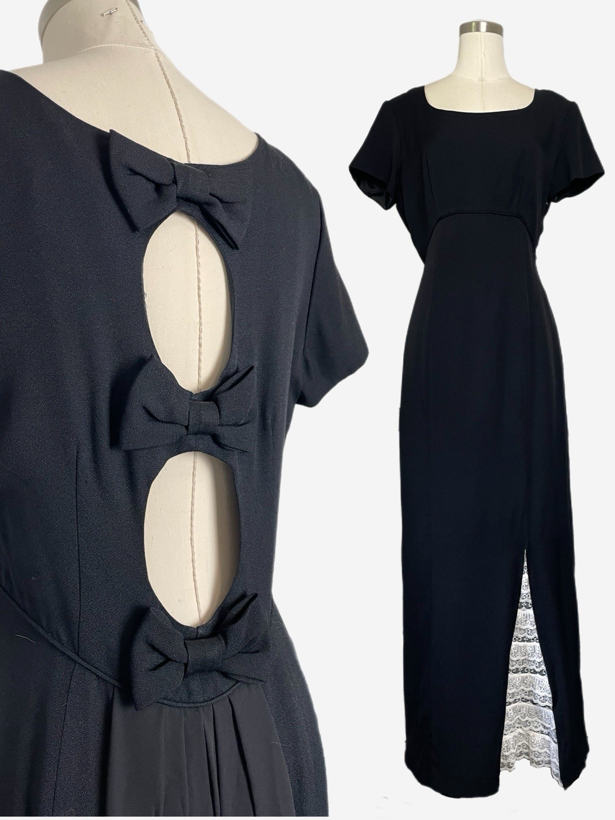Vintage 90s Jeffrey & Dara Black cutout bow back sash lace panel gown gothic M